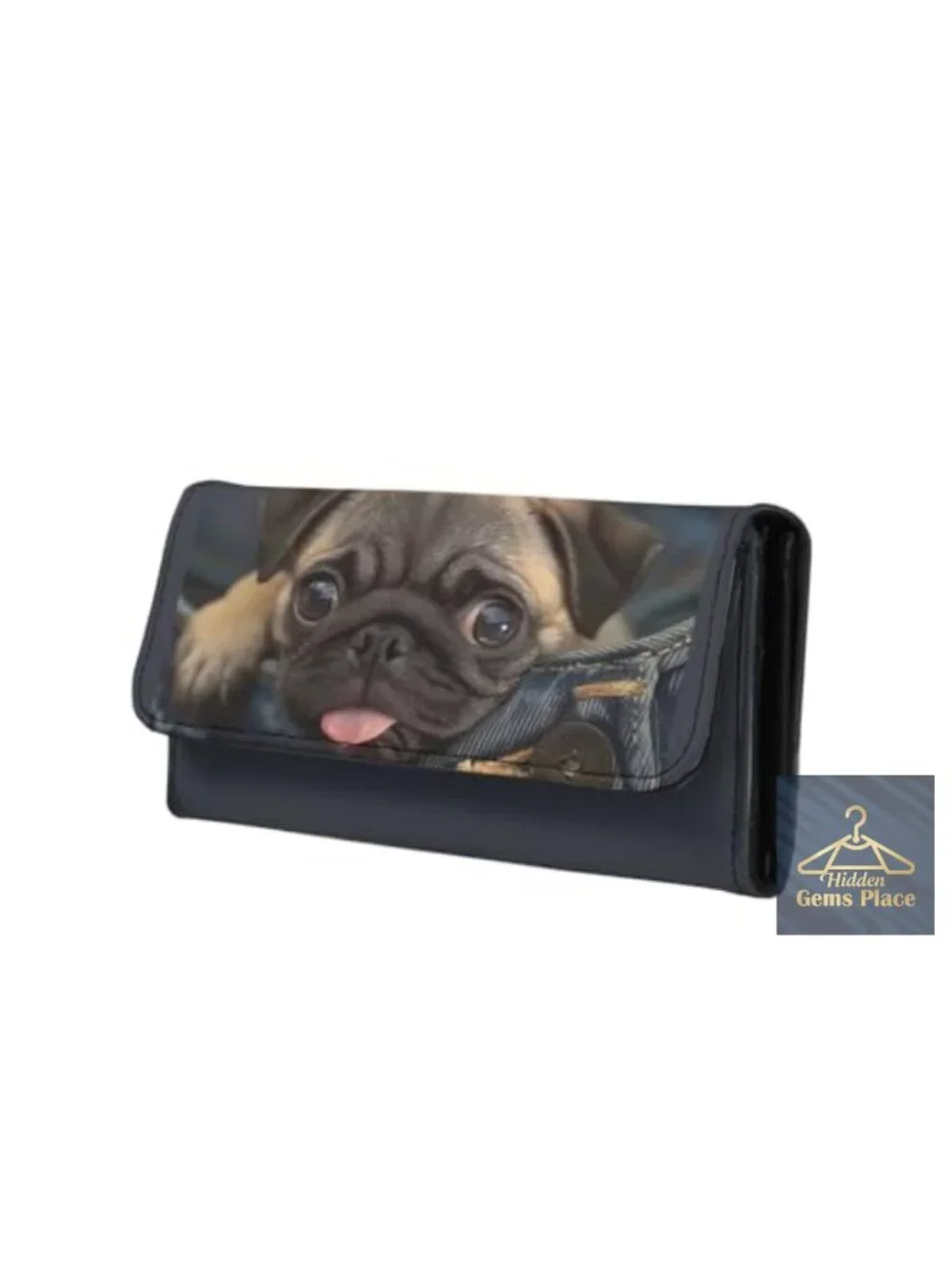 Novelty Pug Wallet for Women, Tri-Fold Faux Leather Card Holder with Zipper